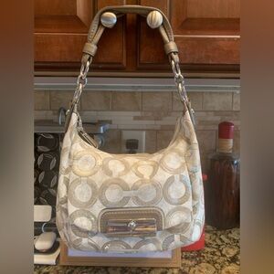 Coach Beige and Cream Double C Patterned Shoulder Bag